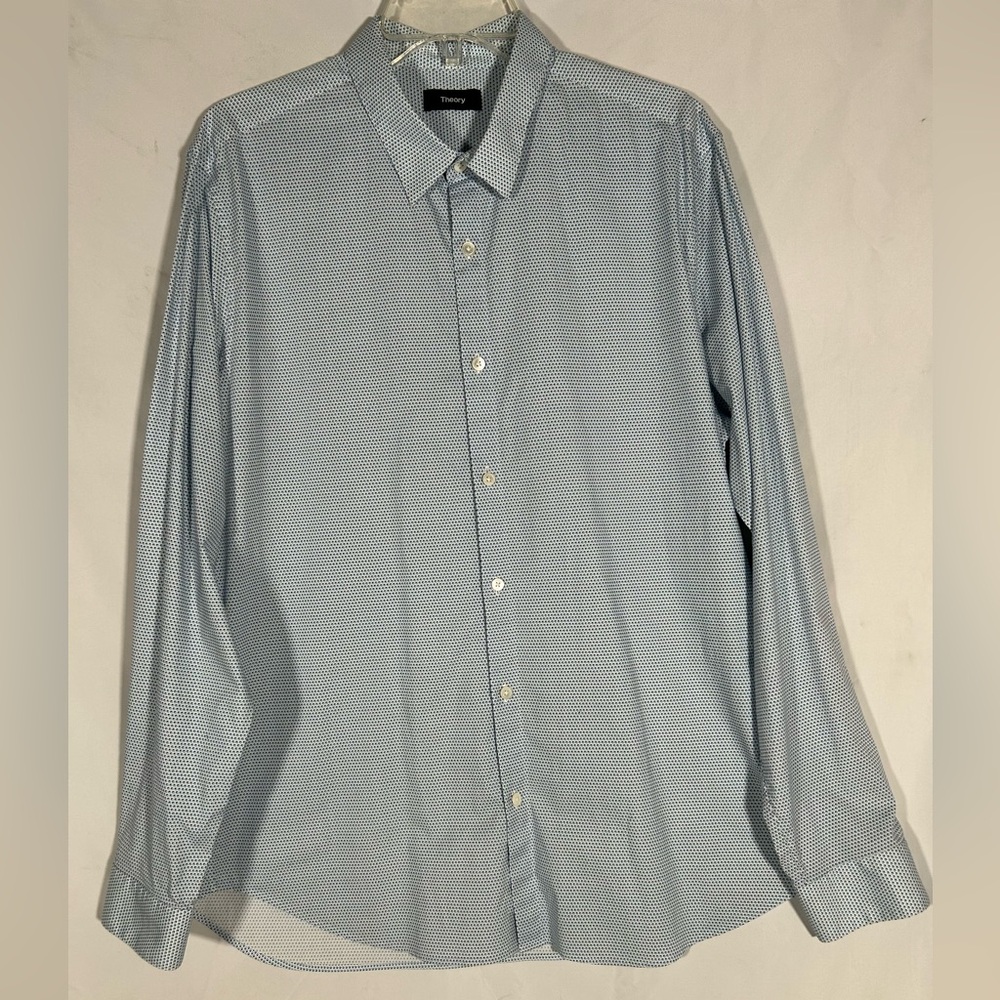 THEORY SKY BLUE POLKA DOT PRINT LONG SLEEVE BUTTON DOWN PREPPY SHIRT MENS XL